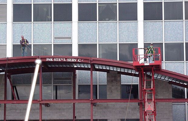 Hall of Justice - May 29 2001 - working on roof