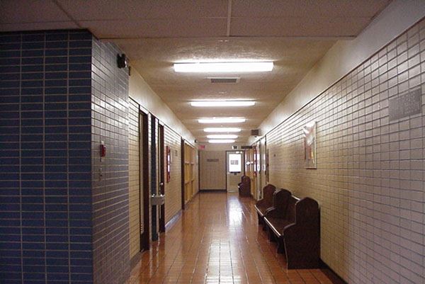 Hall of Justice - May 2001 - fifth floor hallway with bench