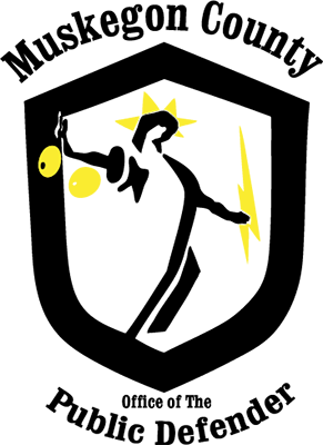 Muskegon County Public Defender Logo with Lady Justice on a shield holding the scales of justice