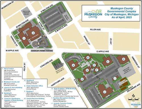 Thumbnail preview of a map showing the location of individual Muskegon County Hall of Justice offices